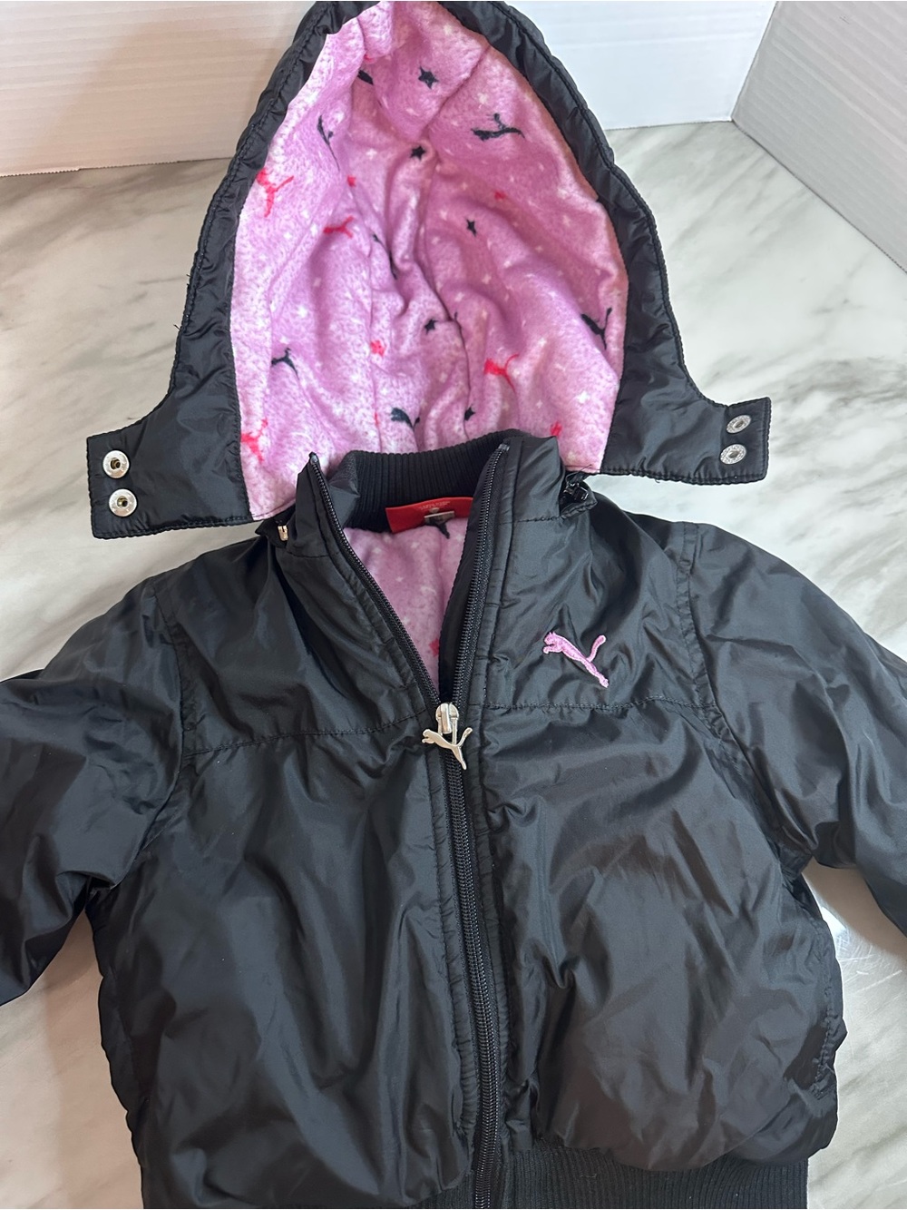 Puma Black Puffer Jacket with Pink Fleece Hood Lining